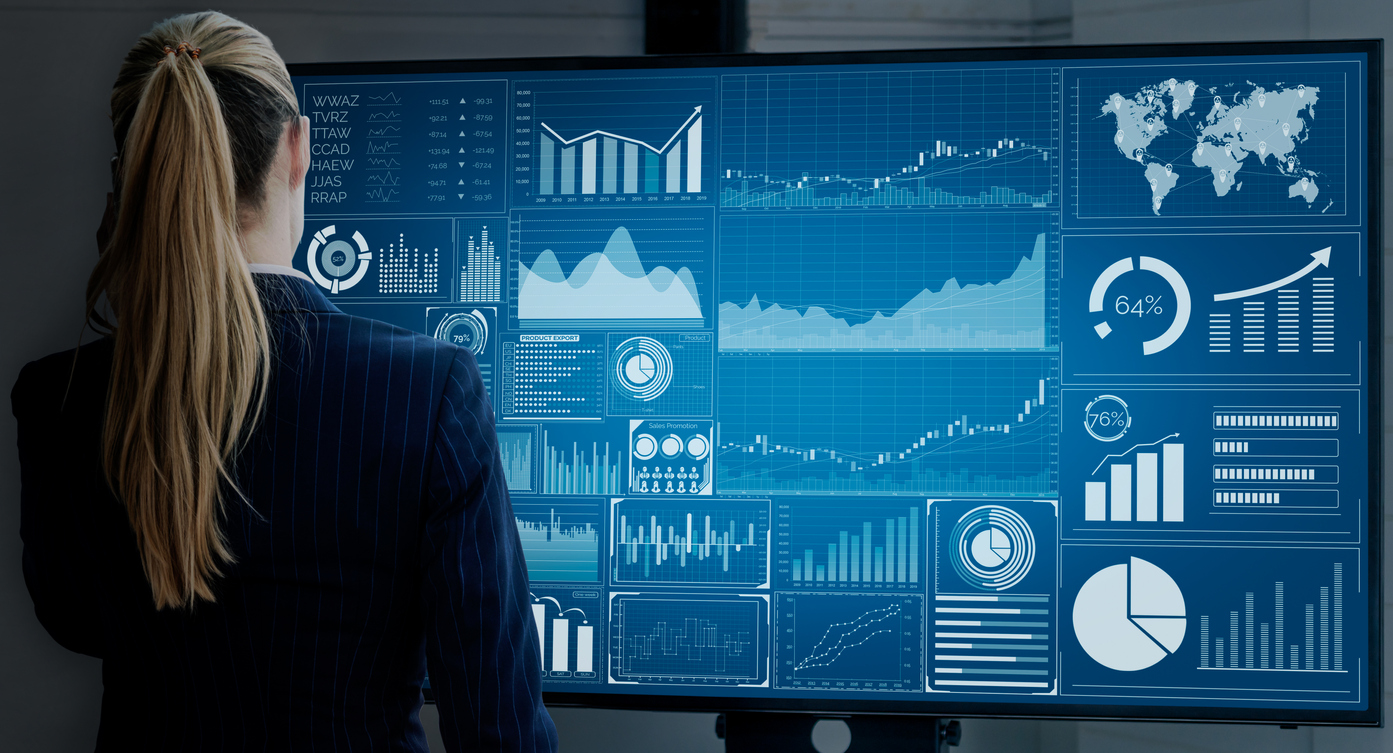 A person standing in front of a large screen monitor.